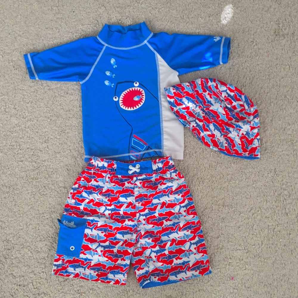 Toddler shark boys rash guard, hat and trunk set